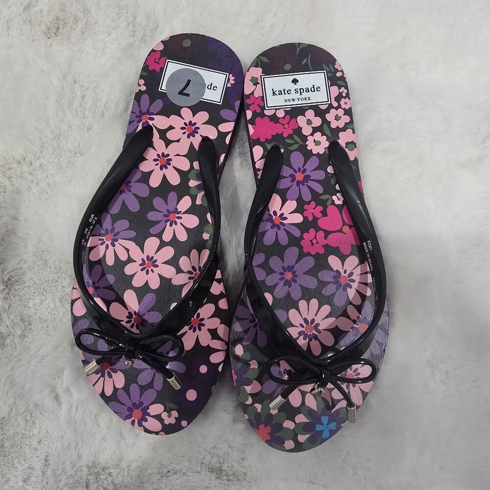 Kate Spade Foxy Floral Flip Flop Sandals Women's Size 7 Purple Black Bow NEW